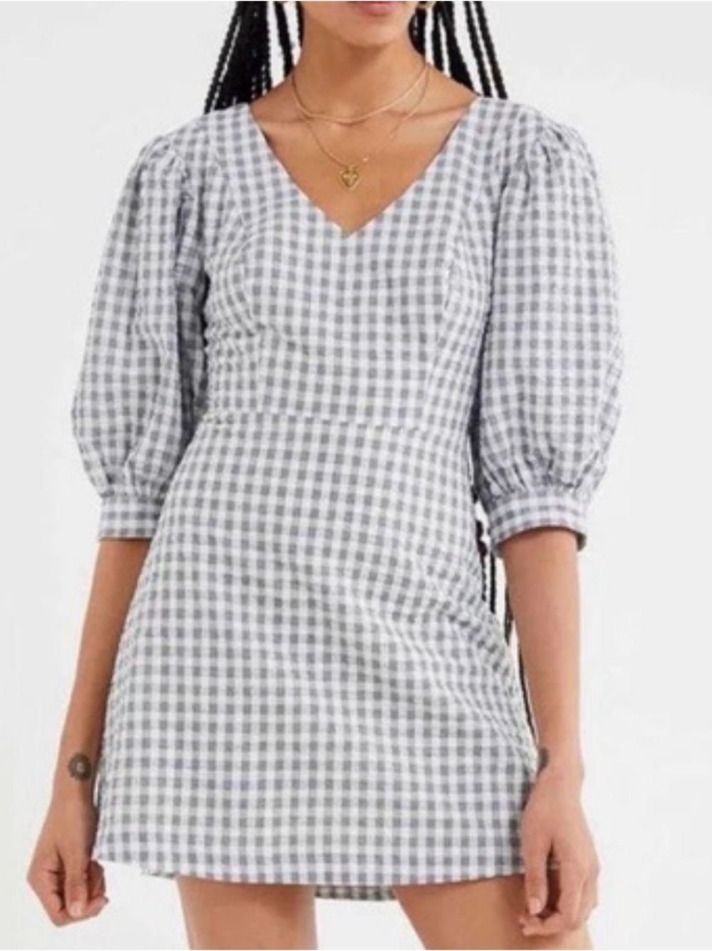 Urban Outfitters Lena Gingham 100% Cotton Puff Sleeve Mini Dress